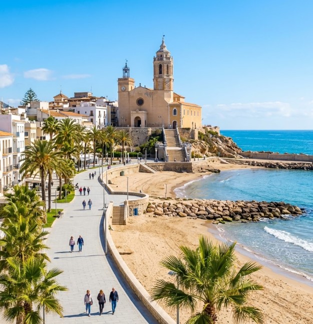 Vistas de las zonas peatonales, playas y la emblemática iglesia frente al mar en Sitges
